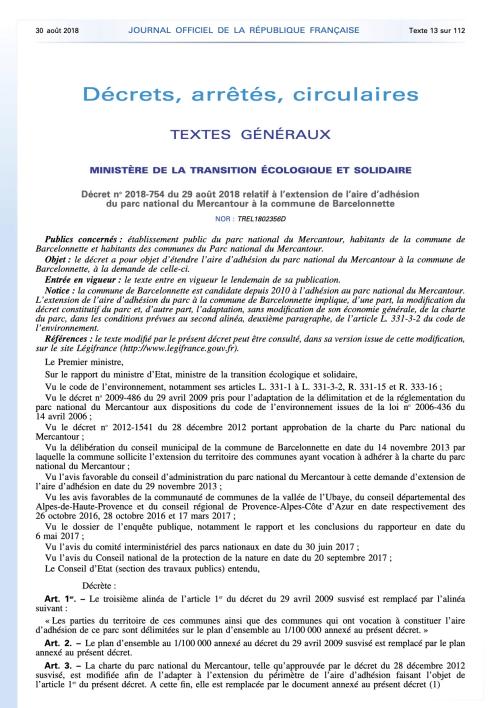 Décret modifiant le périmètre et le Charte du Parc national du Mercantour (décret n°2018-754 du 29 août 2018)